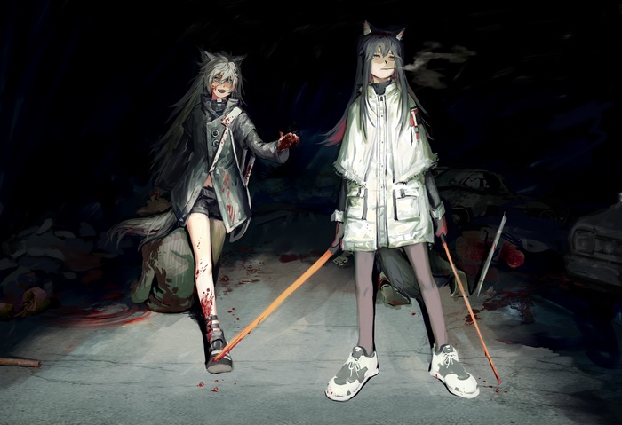 Texas and Lappland from Arknights in a dark, bloody scene