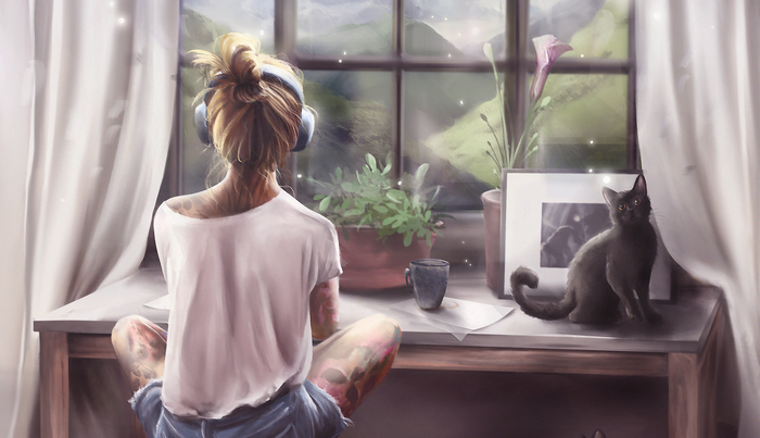 Woman with headphones and cat by the window