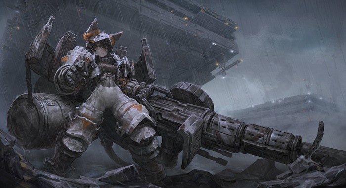 Sci Fi Woman Warrior with Giant Gun in Rain