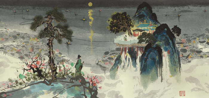 Traditional Chinese painting of a moonlit landscape with a village and pavilion
