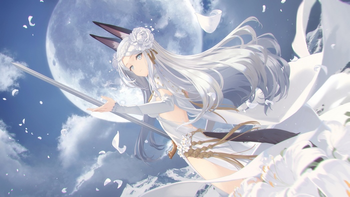 Anime girl with white hair and sword under the moon