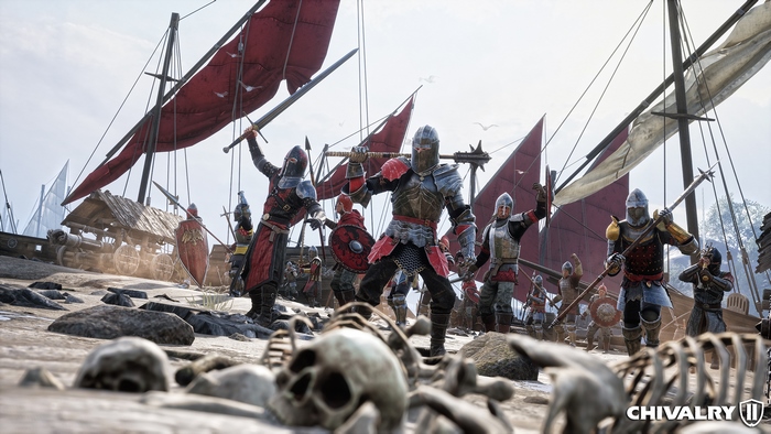 Chivalry 2 knights on a beach with ships and skeletons