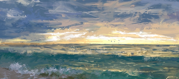 Impressionistic Seascape with Sunset and Waves