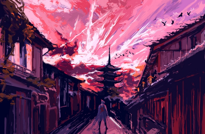 Samurai in a Japanese Street with Pagoda