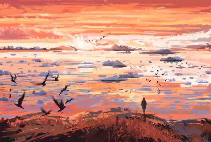 Artistic Landscape with Birds and Icebergs at Sunset