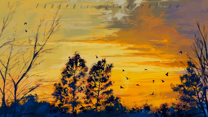 Birds flying at sunset with trees