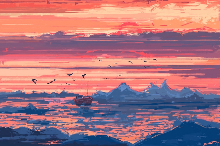 Artistic boat sailing at sunset with birds