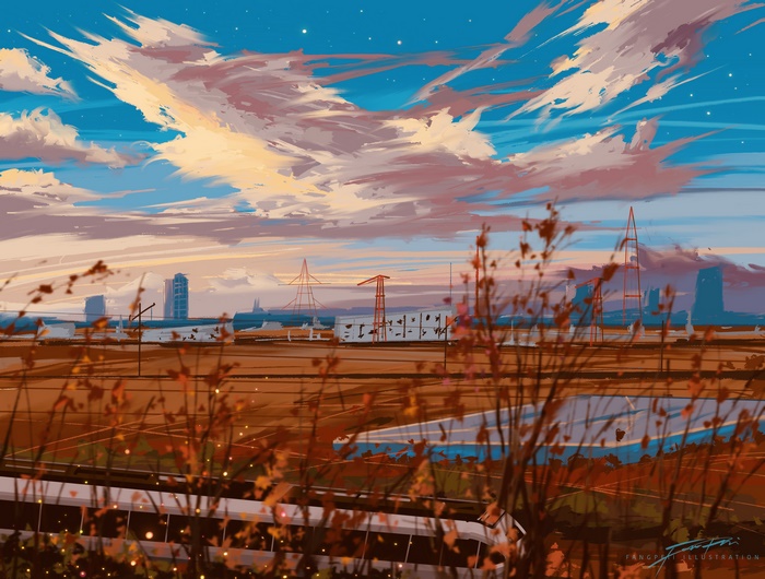 Anime landscape with train and industrial structures