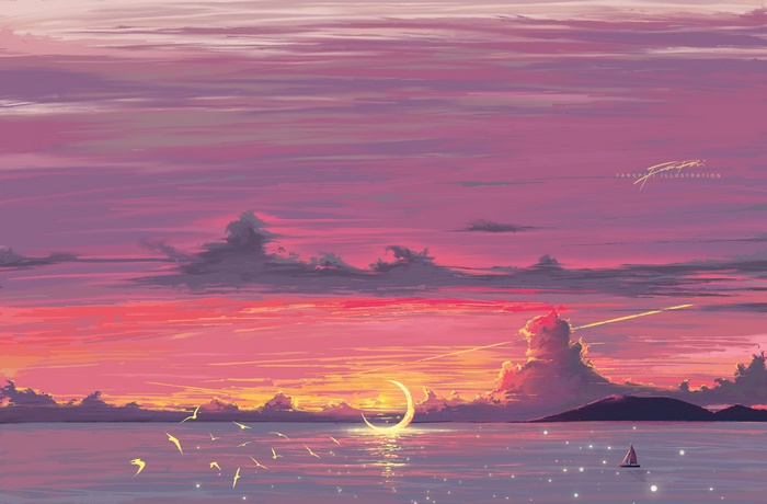 Crescent moon over the ocean at sunset with birds and sailboat