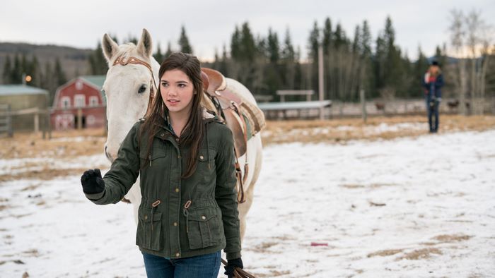 Girl with horse in snowy field
