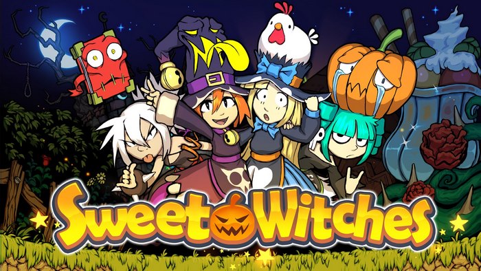 Sweet Witches characters with pumpkins and a chicken