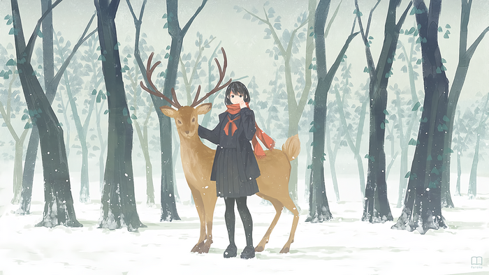Girl with deer in a snowy forest