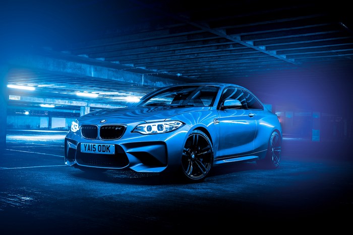 Blue 2016 BMW M2 Coupe in Parking Garage