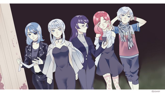 Five anime characters in casual outfits