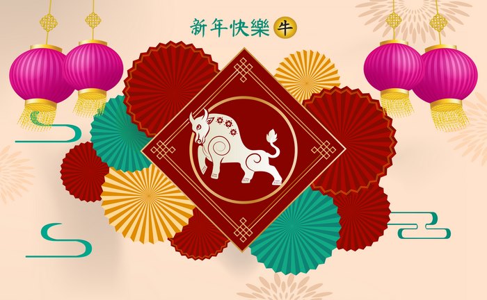 Chinese New Year Bull Lanterns and Fans 4K