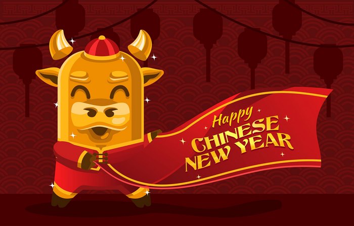 Golden Ox holding Happy Chinese New Year banner