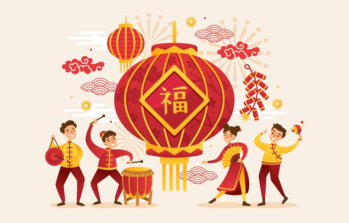 Chinese New Year Celebration with Lanterns and Firecrackers