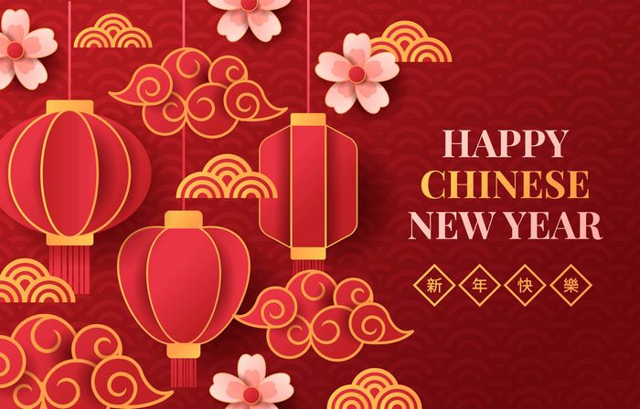 Happy Chinese New Year lanterns and flowers