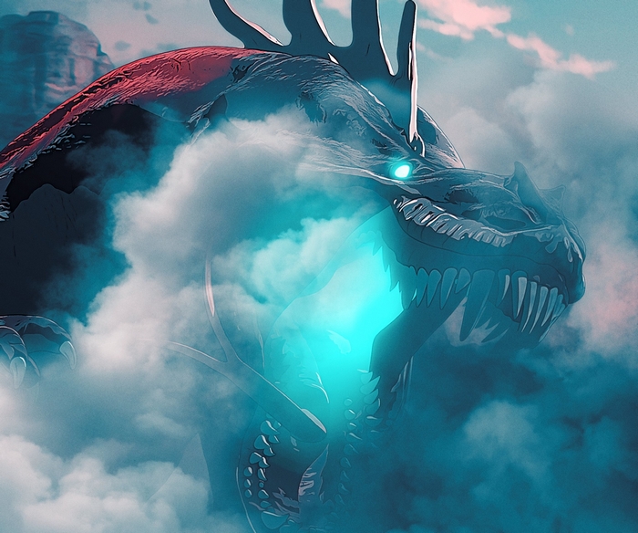 Kaiju breathing blue fire in the clouds from Pacific Rim: The Black