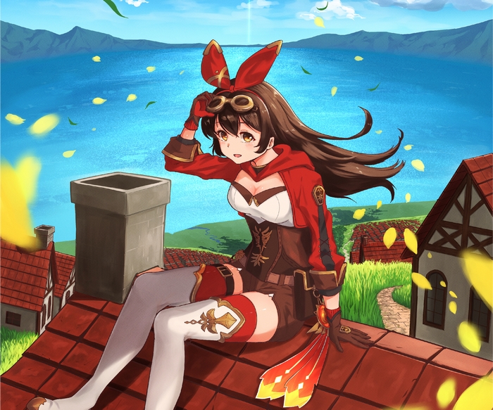 Amber from Genshin Impact sitting on a rooftop