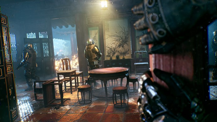 Soldiers in a burning room in Bright Memory: Infinite