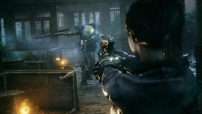 Woman aiming gun at robot in Bright Memory: Infinite 4K