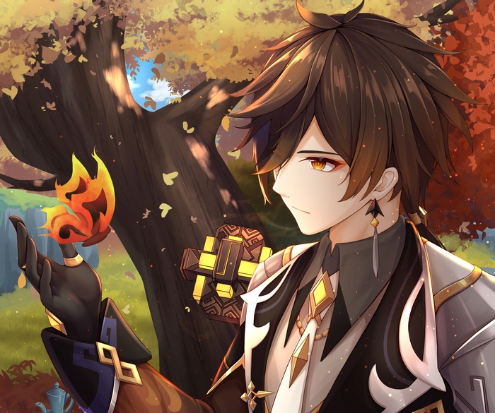 Zhongli from Genshin Impact with a butterfly