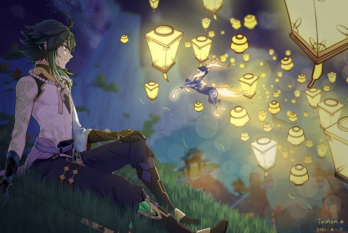Xiao from Genshin Impact with lanterns