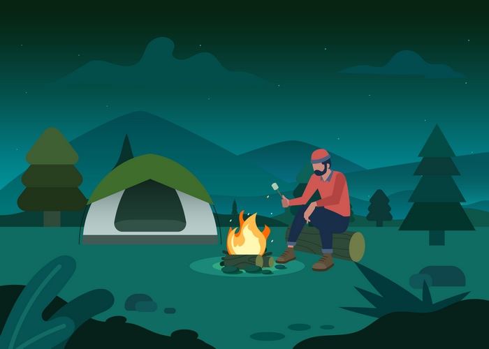 Man roasting marshmallow by campfire at night