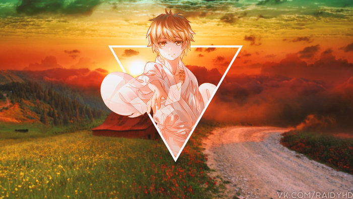 Yukine from Noragami in a field at sunset