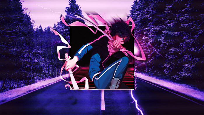 Yato from Noragami with sword and pink ribbons