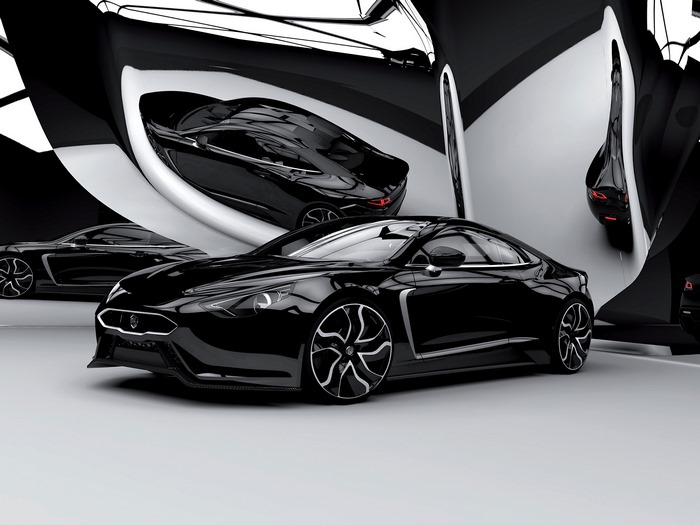 Black Exagon Furtive eGT cars in a modern showroom