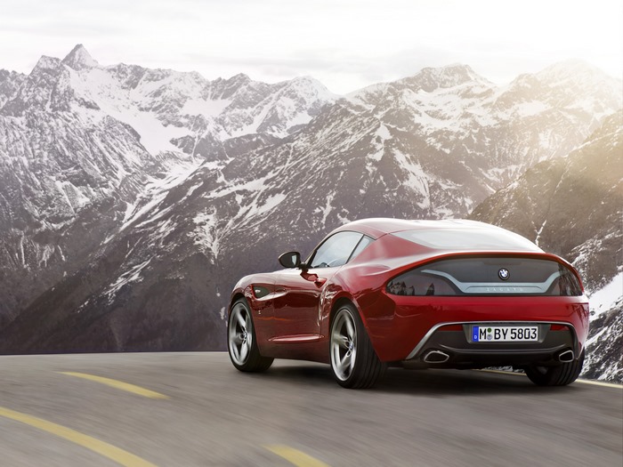 Red BMW Zagato Coupe Concept car on mountain road