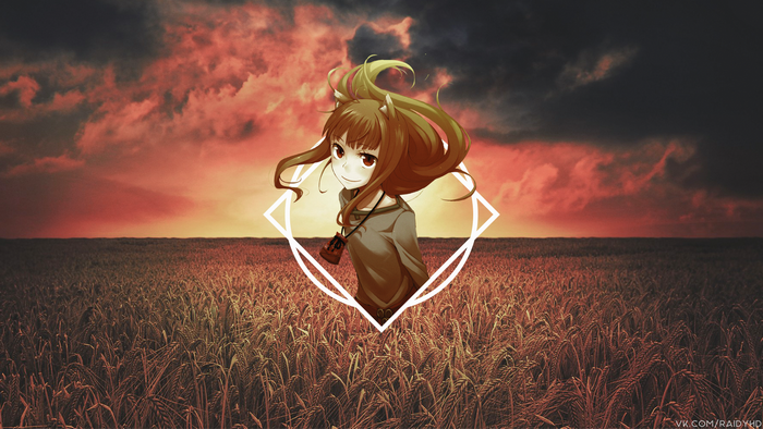 Holo from Spice and Wolf in a wheat field at sunset