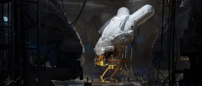 Sci-Fi Machine in a Dark Industrial Hangar