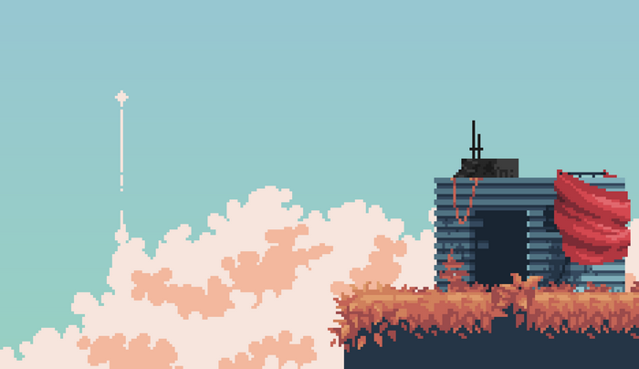 Pixel art of a building with red cloth and clouds