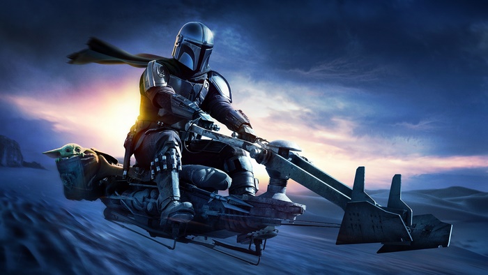 The Mandalorian and Grogu on a Speeder Bike