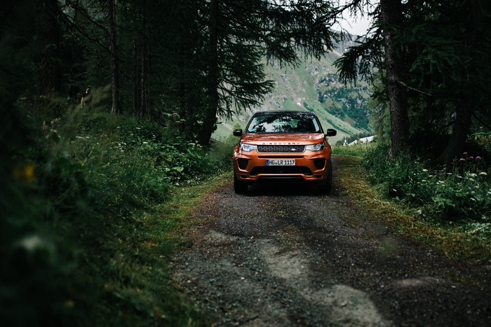 Orange Land Rover Discovery on a forest road