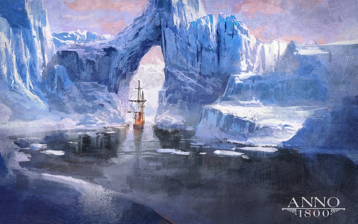 Anno 1800 sailing ship through ice arch