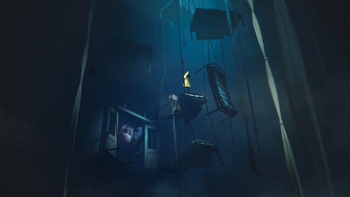 Six from Little Nightmares in a dark, suspended room