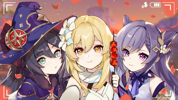 Lumine, Mona, and Keqing from Genshin Impact