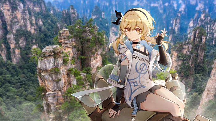 Lumine from Genshin Impact sitting on a large structure