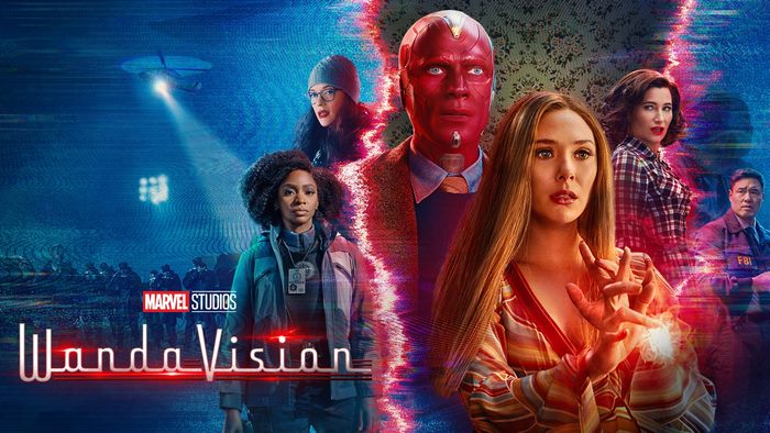 WandaVision: Wanda, Vision, Monica Rambeau, Darcy Lewis, Jimmy Woo, Agnes, and Kathryn Hahn