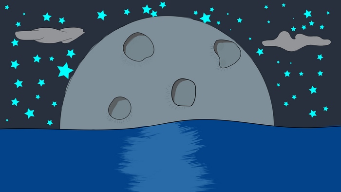 Moon over the ocean with stars and clouds
