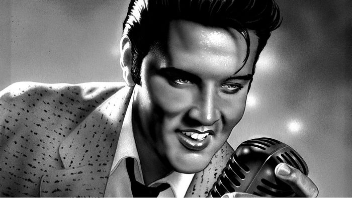 Elvis Presley singing into a vintage microphone