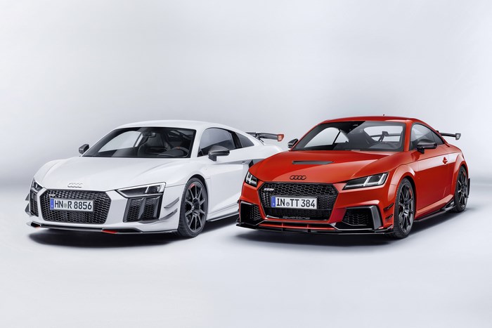 White Audi R8 and Red Audi TT RS