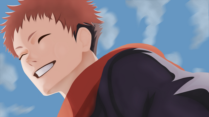 Yuji Itadori smiling against a blue sky