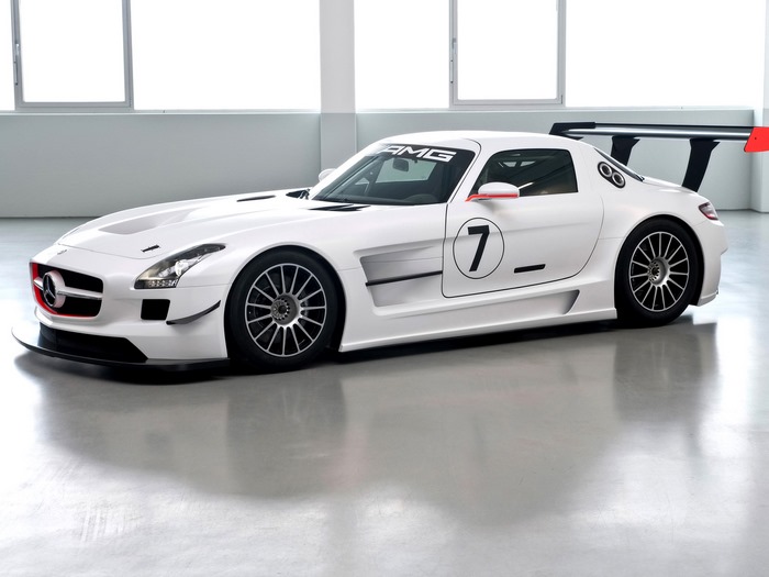 White Mercedes-Benz SLS AMG GT3 race car with number 7
