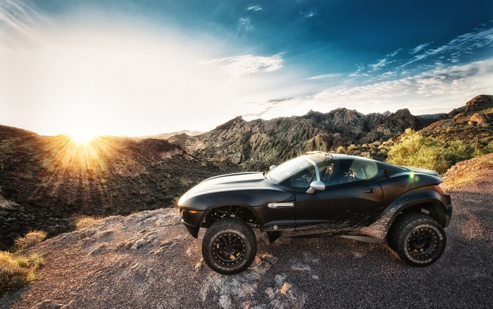 Local Motors Rally Fighter off-road car in desert landscape