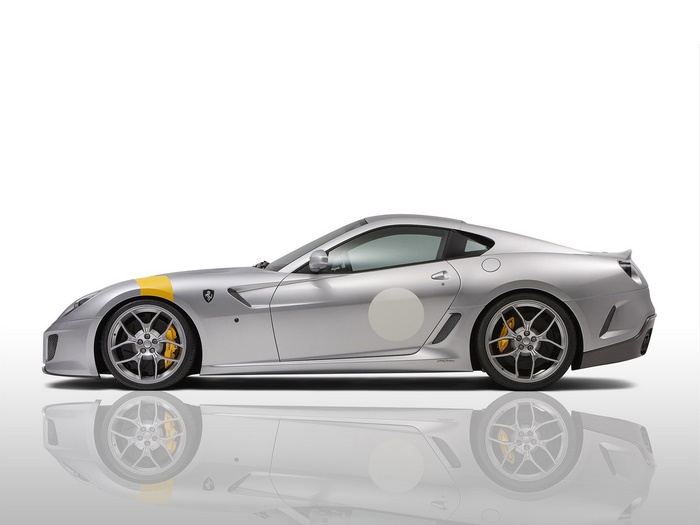 Silver Ferrari 599 GTO with yellow stripe